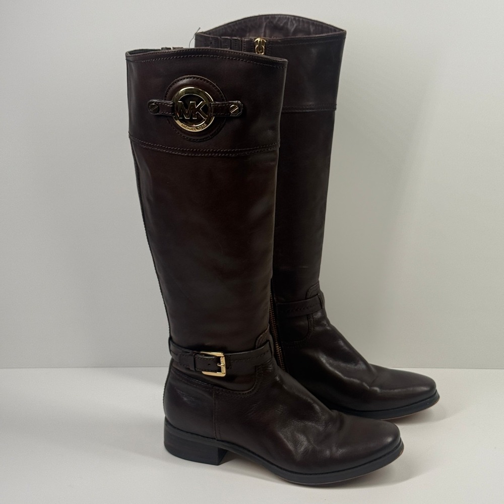 Michael Kors Stockard Riding Boots Side Zip Brown Leather Casual Size 7M